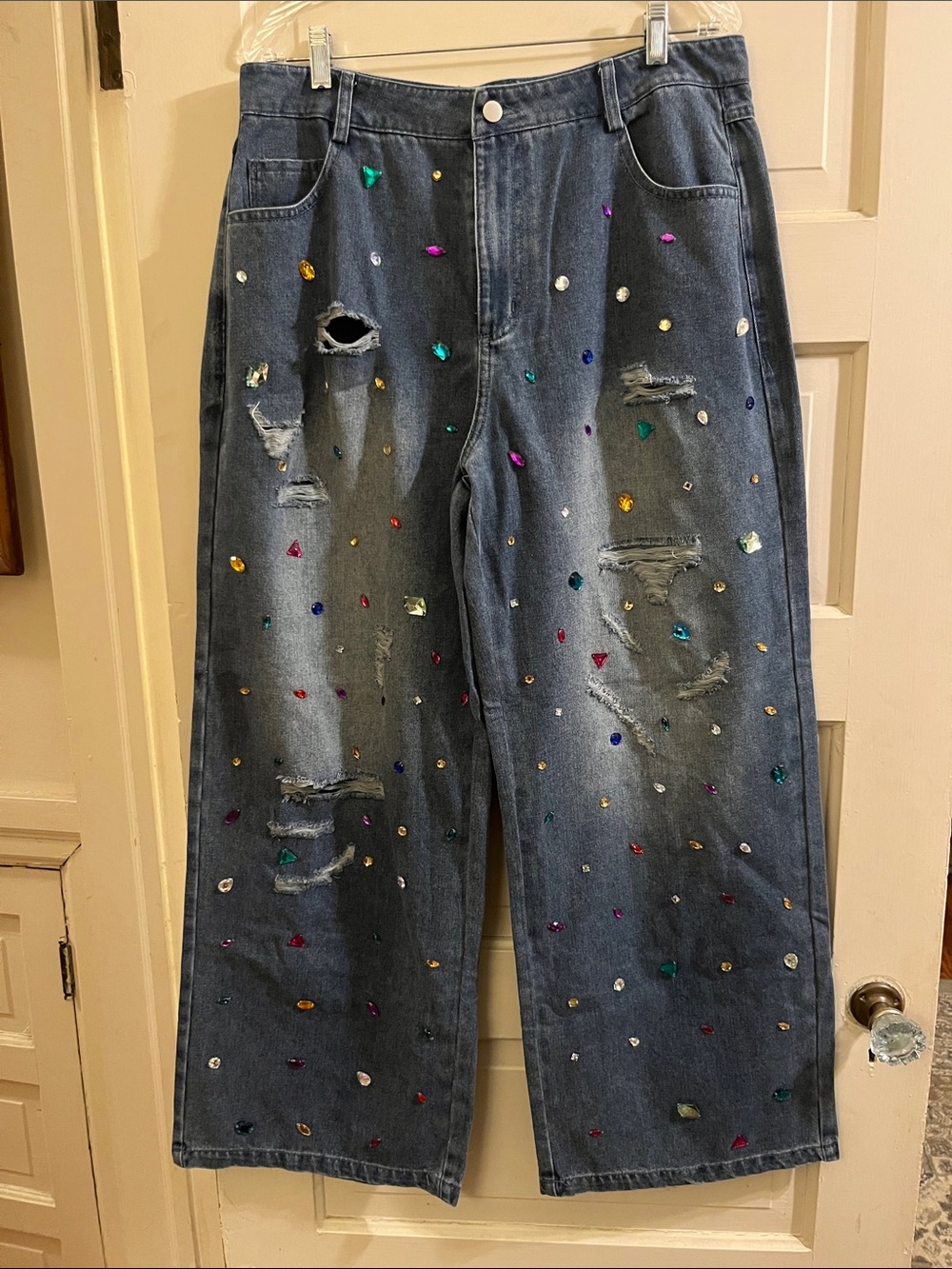 Embellished Distressed Wide-Leg Jeans